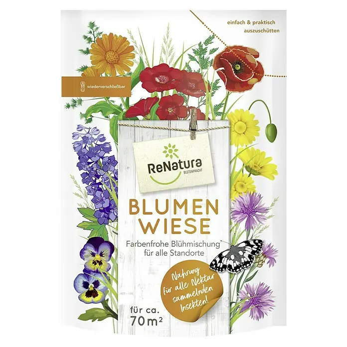 ReNatura Wildblumensamen - Blumenwiese, 500 g - Abbildung einer "Blumenwiese"-Packung von ReNatura, einer farbenfrohen Blühmischung für alle Standorte, ausreichend für ca. 70 m².