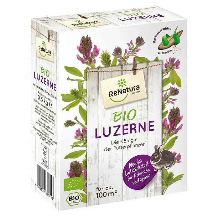 ReNatura GründüngungLuzerne, 100 m² - Verpackung Bio Luzerne Saatgut von ReNatura, ausreichend für ca. 100 m², mit dem Hinweis, dass es Luftstickstoff für Pflanzen verfügbar macht.