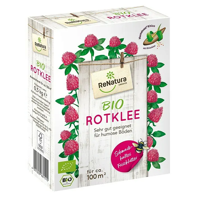 ReNatura Gründüngung - Rotklee, 100 m² - Bild einer Packung Bio-Rotklee-Saatgut von ReNatura, ausreichend für ca. 100 m², ideal für humose Böden und als schmackhaftes Frischfutter geeignet.