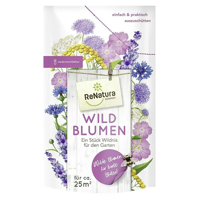 ReNatura Wildblumensamen - Wildblumen, 275 g - Samentüte "Wilde Blumen" von ReNatura, ideal für einen bunten Garten. Wiederverschließbar und praktisch zum Ausstreuen auf ca. 25m².
