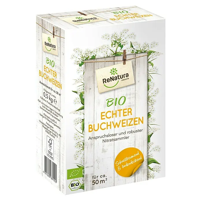 ReNatura Gründüngung - Echter Buchweizen, 50 m² - Eine Packung ReNatura Bio Echter Buchweizen, ideal für eine Fläche von ca. 50 m², umweltfreundlich und schnellkeimend.