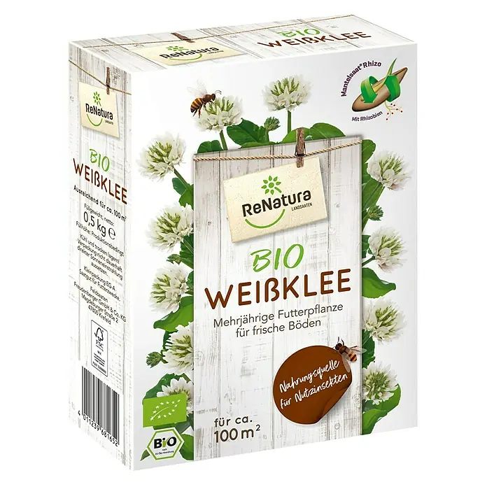 ReNatura Gründüngung - Weißklee, 100 m² - Produktverpackung ReNatura Bio-Weißklee, eine mehrjährige Futterpflanze, ideal für frische Böden und als Nahrungsquelle für Nützlinge.