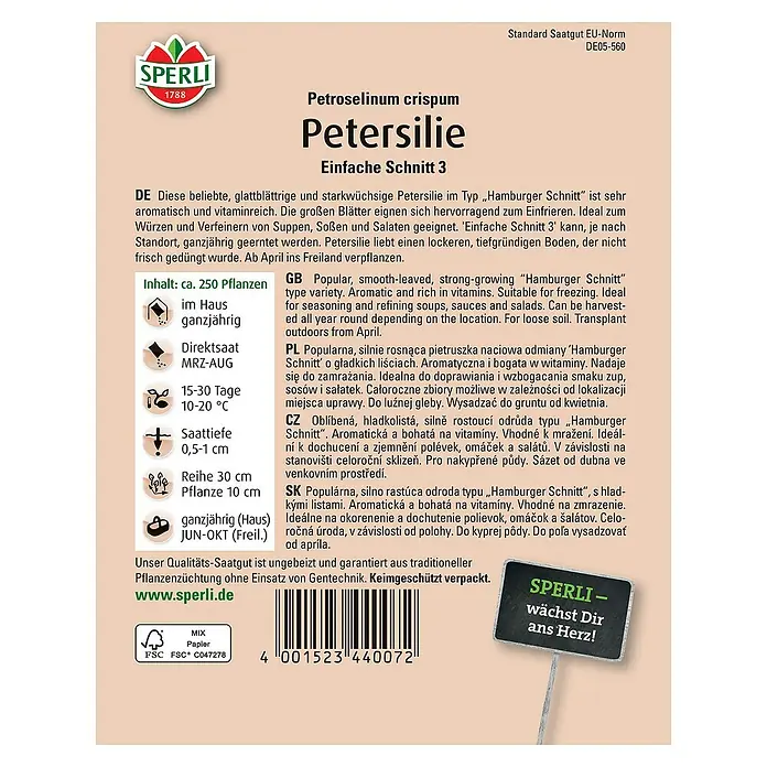 Sperli Kräutersamen Petersilie - Petroselinum crispum, Saatzeit: März, Erntezeit: März - SPERLI Petersilie 'Einfache Schnitt 3' Saatgutpackung. Aromatische, glattblättrige Sorte für Garten und Küche.