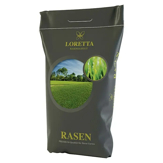 Loretta Rasensamen Trockenrasen - 10 kg, 330 m² - Abbildung einer Packung Loretta Rasensaatgut, Premium-Qualität für Ihren Garten, auf schwarzem Hintergrund.