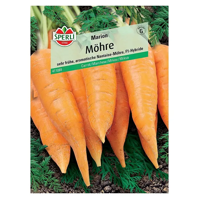 Sperli Gemüsesamen Möhre - Marion, Daucus carota, Erntezeit: Juni - Samentüte "Marion Möhre". Eine sehr frühe, aromatische Nantaise-Möhre der Marke Sperli.