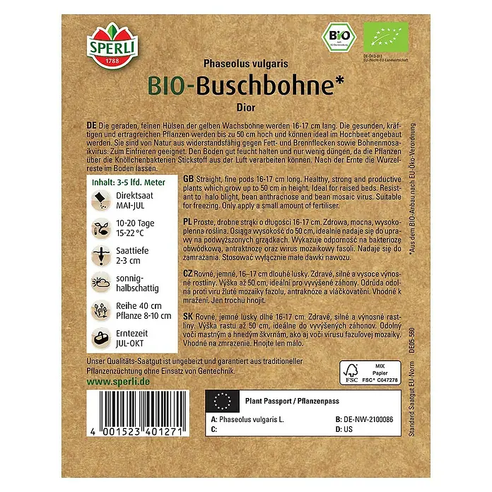 Sperli Gemüsesamen BIO Buschbohne - Phaseolus vulgaris, Erntezeit: Juli - Bio-Buschbohne Dior Samenpackung. Ideal für den Anbau im Hochbeet, resistent gegen Krankheiten und geeignet zum Einfrieren.