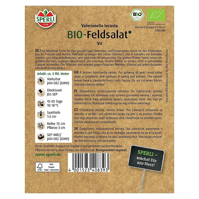 Sperli Salatsamen BIO Feldsalat - Valerianella locusta, Erntezeit: Ganzjährig - SPERLI BIO-Feldsalat 'Vit' Samenpackung. Für den Anbau von vitaminreichem, nussigem Feldsalat im Garten.