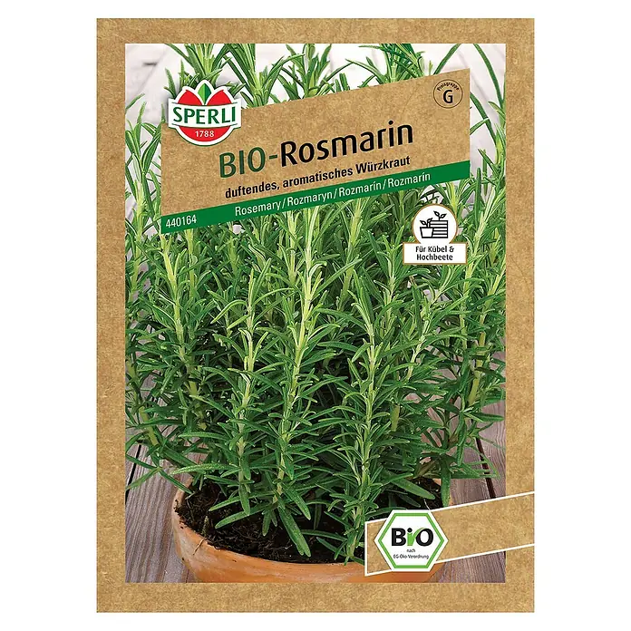 Sperli Kräutersamen BIO RosmarinRosmarinus officinalis, Saatzeit: Mai, Erntezeit: Ganzjährig - Bild einer Saatguttüte mit Bio-Rosmarin von Sperli. Der aromatische Rosmarin ist ideal für Kübel und Hochbeete.
