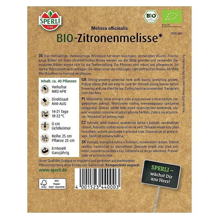 Sperli Kräutersamen BIO Zitronenmelisse - Melissa officinalis, Saatzeit: Mai, Erntezeit: Ganzjährig - SPERLI BIO-Zitronenmelisse Samenpackung. Mehrjähriges Würzkraut für Garten und Tee, robust und pflegeleicht.