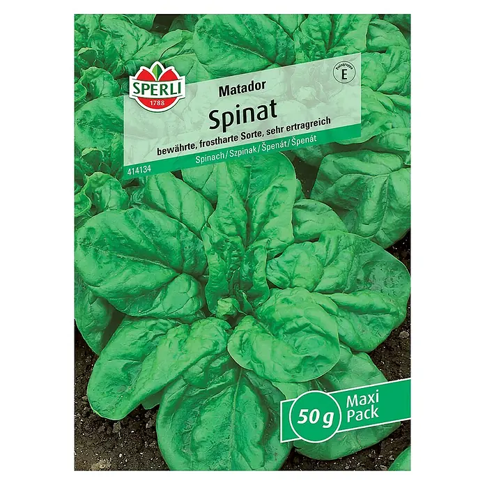 Sperli Gemüsesamen Spinat 'Matador' - Spinacia oleracea, 50 g, Erntezeit: September - Abbildung einer Samenpackung "Matador Spinat" der Marke Sperli, die frostharte Spinatsamen für eine reiche Ernte enthält.