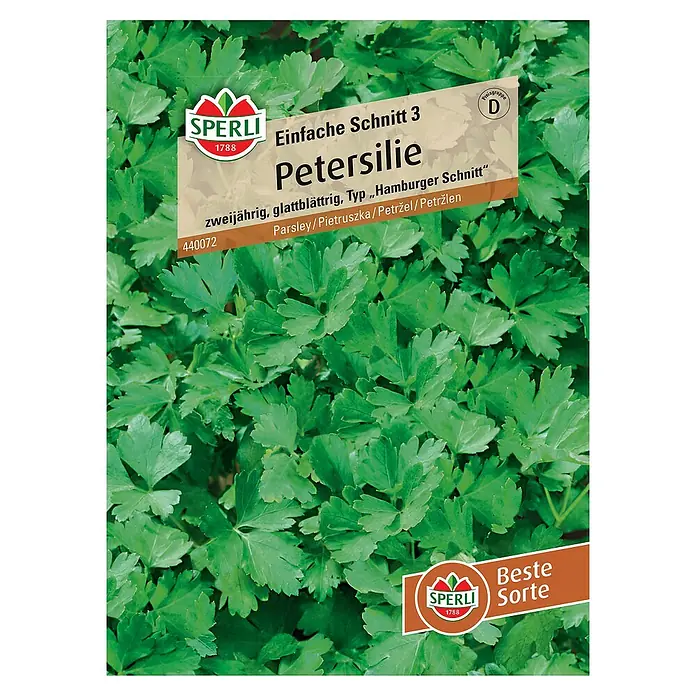 Sperli Kräutersamen Petersilie - Petroselinum crispum, Saatzeit: März, Erntezeit: März - Bild einer Samenpackung "Einfache Schnitt 3 Petersilie" von Sperli, die glatte Petersilie für den Garten verspricht.