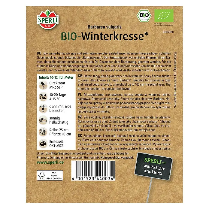 Sperli Saatgut BIO WinterkresseBarbarea vulgaris - SPERLI Bio-Winterkresse-Samenpackung. Winterharte, würzige Salatpflanze für den Anbau im Garten oder Hochbeet.