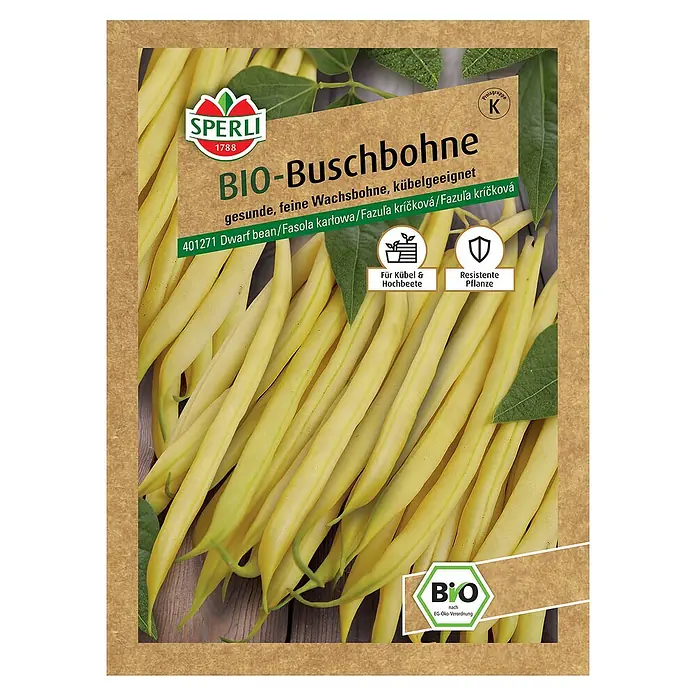 Sperli Gemüsesamen BIO BuschbohnePhaseolus vulgaris, Erntezeit: Juli - Abbildung einer Packung Bio-Buschbohnen-Samen der Marke Sperli, ideal für gesunde und ertragreiche Ernten im eigenen Garten oder auf dem Balkon.