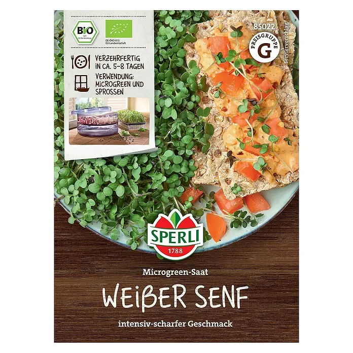 Sperli Saatgut Microgreen Saat - Sinapis alba - Produktbild von Sperli Microgreen-Saat Weißer Senf. Intensiv-scharfer Geschmack, ideal für frische Sprossen.