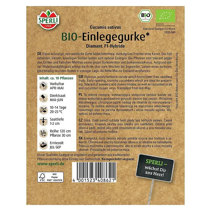 Sperli Gemüsesamen BIO Einlegegurke - Cucumis sativus, Erntezeit: Juli - SPERLI BIO-Einlegegurke, Diamant F1-Hybride: Bitterfreie, dunkelgrüne Gurken, ideal zum Einlegen. Resistent gegen Mehltau und Gurkenmosaikvirus.
