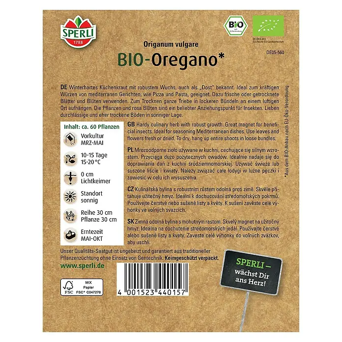 Sperli Kräutersamen BIO Oregano - Origanum vulgare, Erntezeit: Mai - Bio Oregano Samenpackung von Sperli, ideal für mediterrane Gerichte und zur Insektenanlockung.