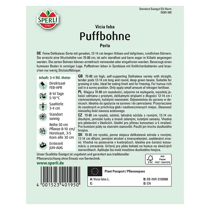 Sperli Gemüsesamen Puffbohne Perla - Vicia faba, Erntezeit: Juni - Samenpackung Puffbohne Perla von Sperli. Hülsen sind 12-14 cm lang, tiefgrün und haben rundliche Körner. Für Kübel geeignet.