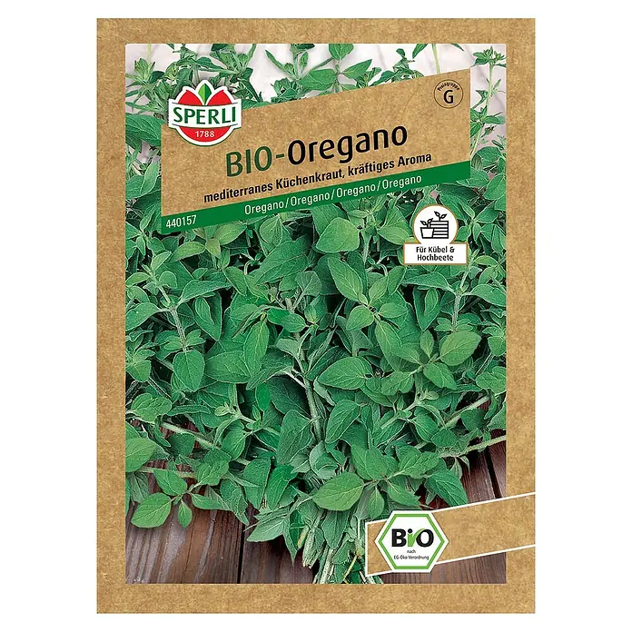 Sperli Kräutersamen BIO Oregano - Origanum vulgare, Erntezeit: Mai - Eine Packung Bio-Oregano-Samen der Marke Sperli, ideal für mediterrane Kräutergärten und Kübel.