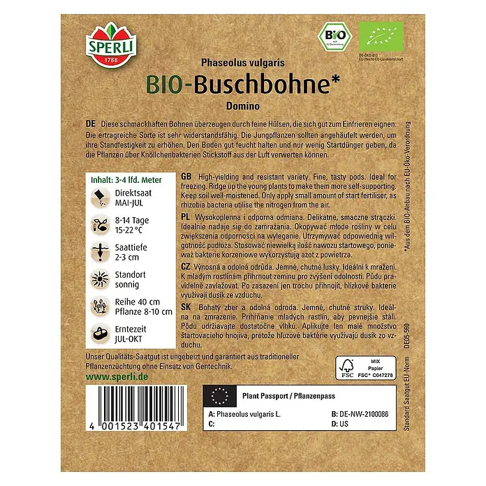 Sperli Gemüsesamen BIO Buschbohne - Phaseolus vulgaris var. nanus, Erntezeit: Juli - Abbildung einer Samenumschlag der Bio-Buschbohne Domino, einer widerstandsfähigen und ertragreichen Sorte, ideal für den ökologischen Anbau.