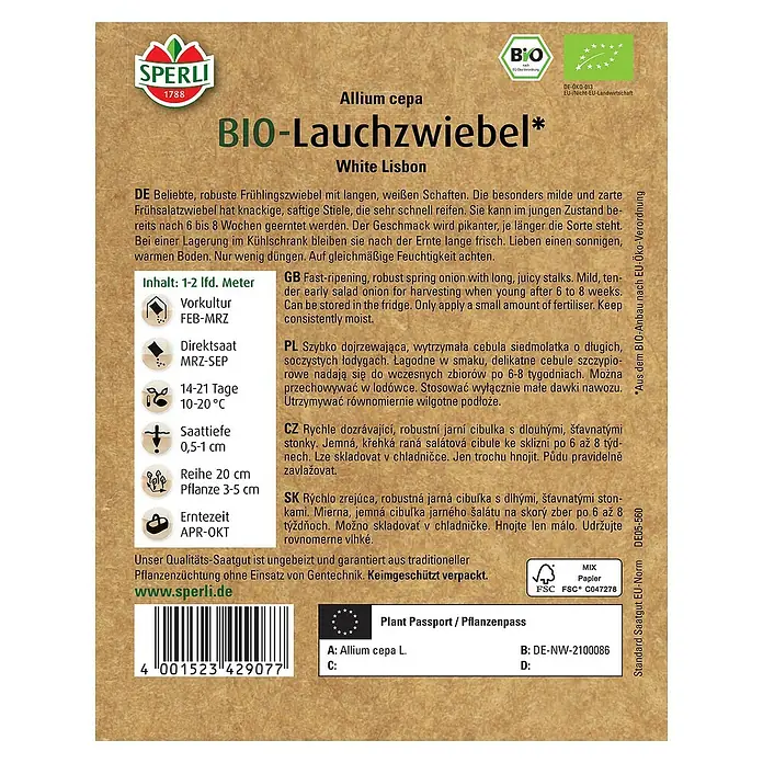 Sperli Gemüsesamen BIO Lauchzwiebel - Allium cepa, Erntezeit: April - Abbildung der Saatguttüte für Bio-Lauchzwiebeln "White Lisbon" von Sperli, ideal für den ökologischen Anbau im eigenen Garten.