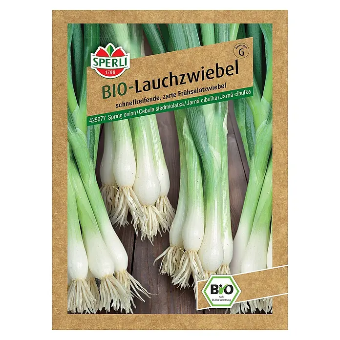 Sperli Gemüsesamen BIO Lauchzwiebel - Allium cepa, Erntezeit: April - Abbildung einer Samenpackung für Bio-Lauchzwiebeln der Marke Sperli, ideal für den frühen Anbau und schnelles Wachstum.