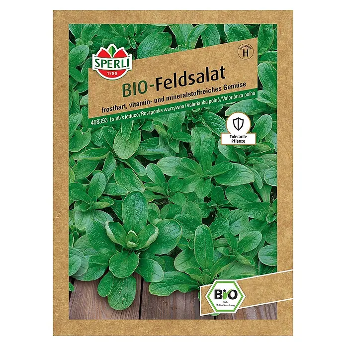 Sperli Salatsamen BIO Feldsalat - Valerianella locusta, Erntezeit: Ganzjährig - Abbildung der Samt-Feldsalat-Bio-Samenpackung von Sperli, ideal für eine frostharte und mineralstoffreiche Gemüseernte im Garten.