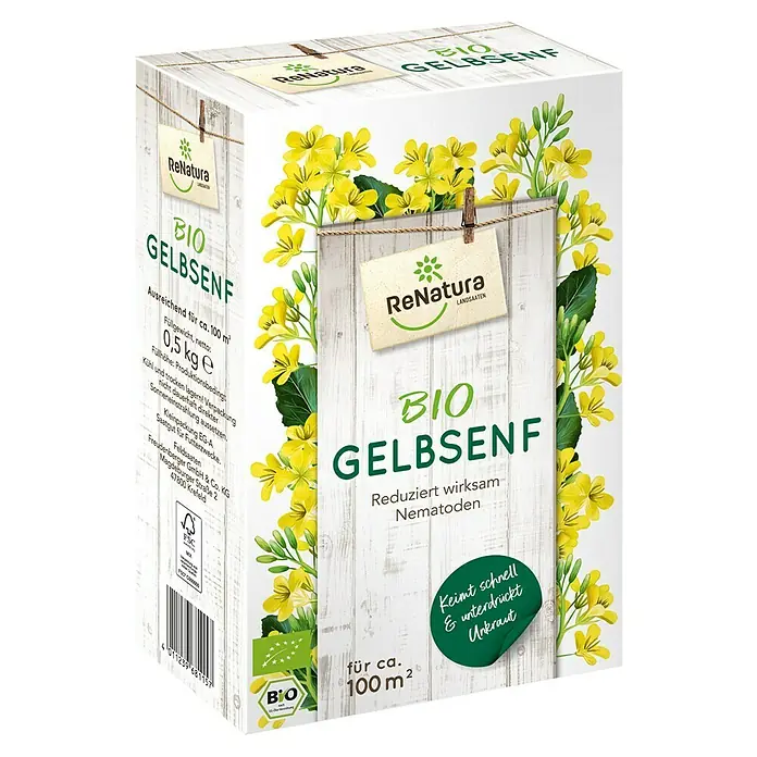 ReNatura Gründüngung - Gelbsenf, 100 m² - Bio Gelbsenf Samenpackung von ReNatura, ausreichend für 100 m². Reduziert Nematoden wirksam und unterdrückt Unkraut.