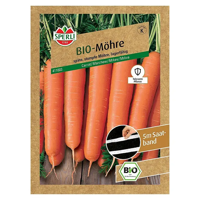 Sperli Gemüsesamen BIO Möhre - Daucus carota - Samenpackung für Bio-Möhren, späte, stumpfe Sorte, geeignet für die Lagerung, 5m Saatband enthalten.