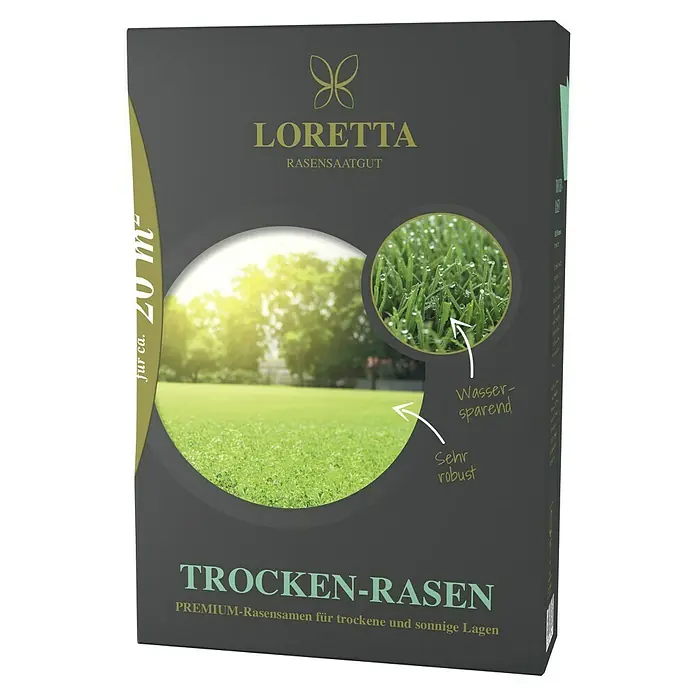 Loretta Rasensamen Trockenrasen - 0,6 kg, 20 m² - Abbildung der Verpackung von Loretta Trocken-Rasen, Premium-Rasensamen für trockene und sonnige Lagen, mit Abbildungen von saftigem, grünem Gras.