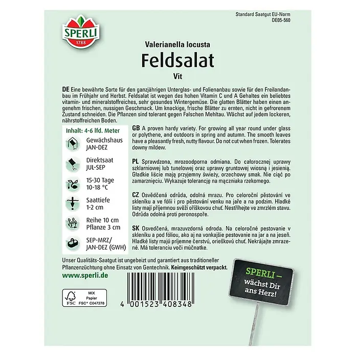 Sperli Salatsamen Feldsalat 'Vit' - Valerianella locusta, Erntezeit: Ganzjährig - Saatgutpackung Feldsalat Vit von Sperli mit Anbauhinweisen.
