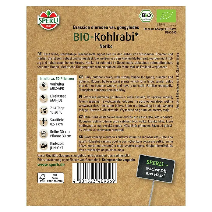 Sperli Gemüsesamen BIO Kohlrabi - Brassica oleracea var. gongylodes, Erntezeit: Juni - SPERLI BIO-Kohlrabi 'Noriko' Saatgutpackung. Frühreife Freilandsorte, robust und schossfest, für den Anbau im Frühjahr, Sommer und Herbst.