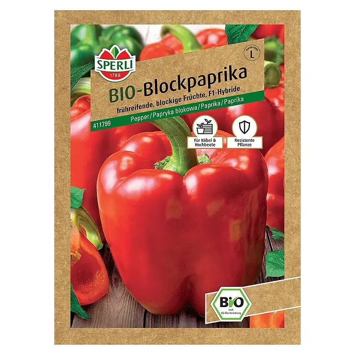 Sperli Gemüsesamen BIO Blockpaprika - Capsicum annuum, Erntezeit: August - Das Bild zeigt eine Samenumschlagung für BIO-Blockpaprika von Sperli, mit reifen, roten Paprika abgebildet.