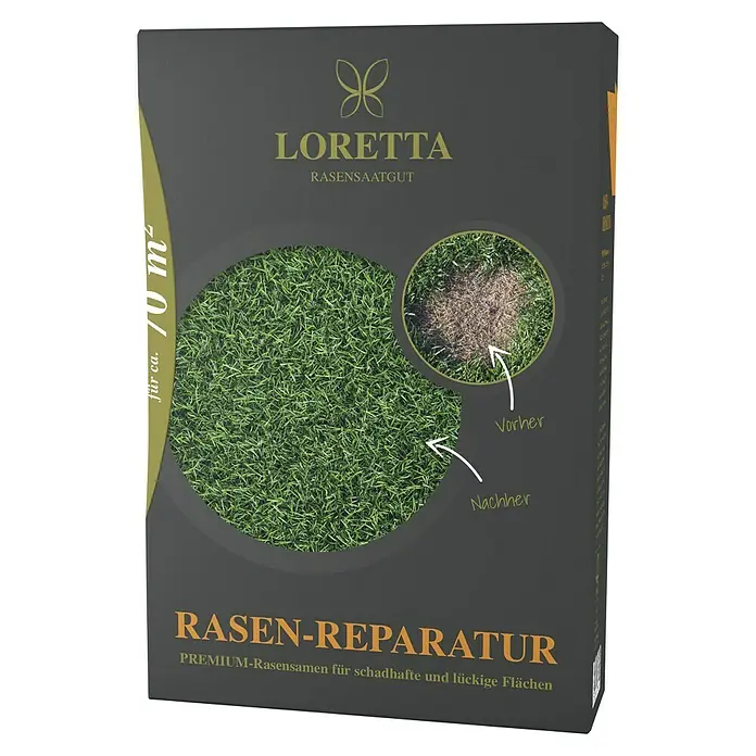 Loretta Rasen-Reparatur - 1,1 kg, 70 m² - Die Verpackung von Loretta Rasen-Reparatur, Premium-Rasensamen für schadhafte und lückige Flächen bis ca. 70 m². Vorher-Nachher-Effekt wird gezeigt.