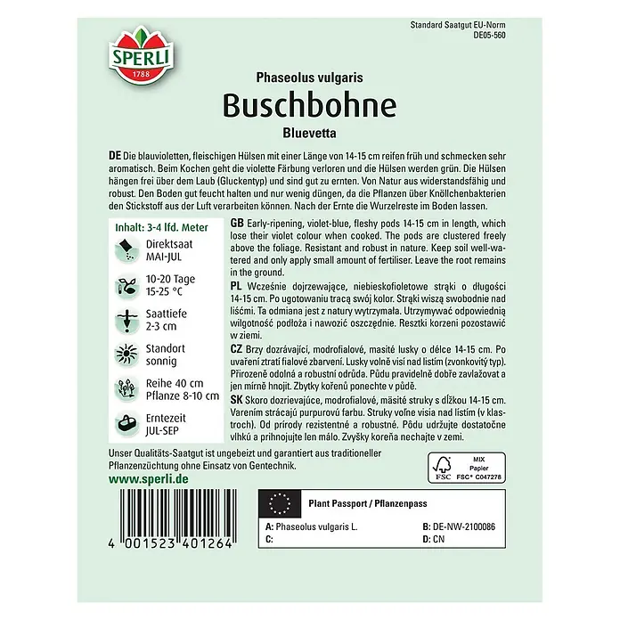 Sperli Gemüsesamen Buschbohne - Phaseolus vulgaris, Erntezeit: Juli, Bluevetta - Abbildung der Samenpackung von Sperli Buschbohne Bluevetta, einer violetten, frühreifen Sorte.