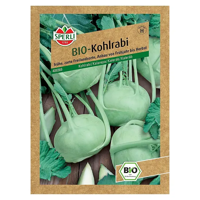 Sperli Gemüsesamen BIO Kohlrabi - Brassica oleracea var. gongylodes, Erntezeit: Juni - Samenpackung Bio-Kohlrabi von Sperli, eine frühe und zarte Freilandsorte für den Anbau vom Frühjahr bis zum Herbst.