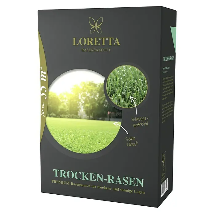Loretta Rasensamen Trockenrasen - 1,1 kg, 35 m² - Produktverpackung von Loretta Trocken-Rasen Premium-Rasensamen für trockene und sonnige Lagen, ausreichend für ca. 35 m², wassersparend und robust.