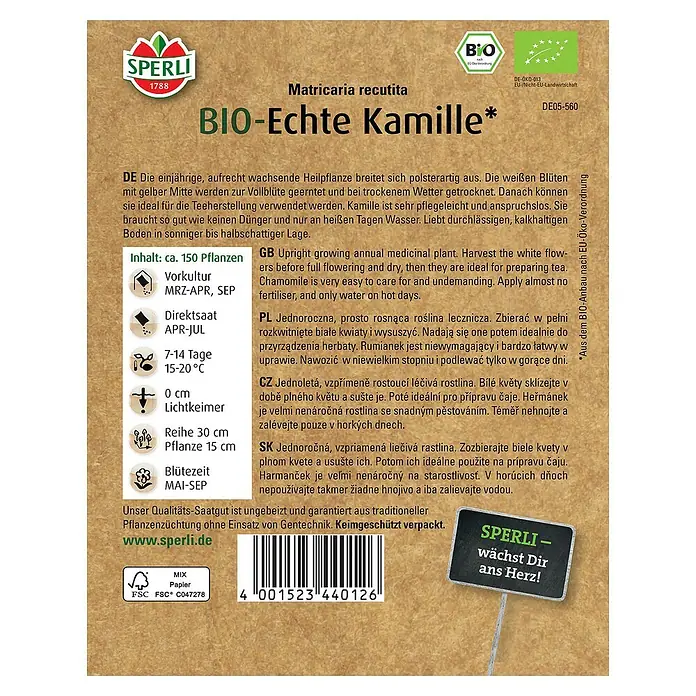 Sperli Kräutersamen BIO Echte Kamille - Matricaria recutita, Saatzeit: April - SPERLI BIO-Echte Kamille Saatgutpackung. Einjährige, duftende Pflanze zur Teeherstellung, pflegeleicht und anspruchslos.