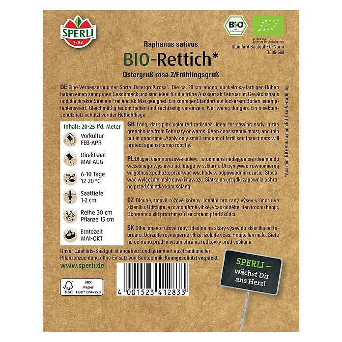 Sperli Gemüsesamen BIO Rettich (Raphanus sativus, Erntezeit: Mai) | BAUHAUS