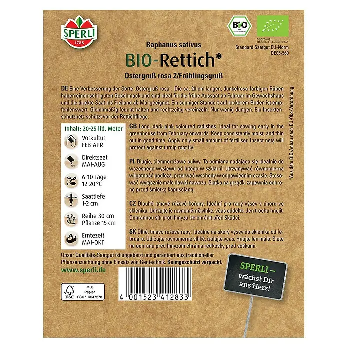 Sperli Gemüsesamen BIO Rettich - Raphanus sativus, Erntezeit: Mai - SPERLI BIO-Rettich-Saatgutpackung mit Produktinformationen und Bio-Siegel.