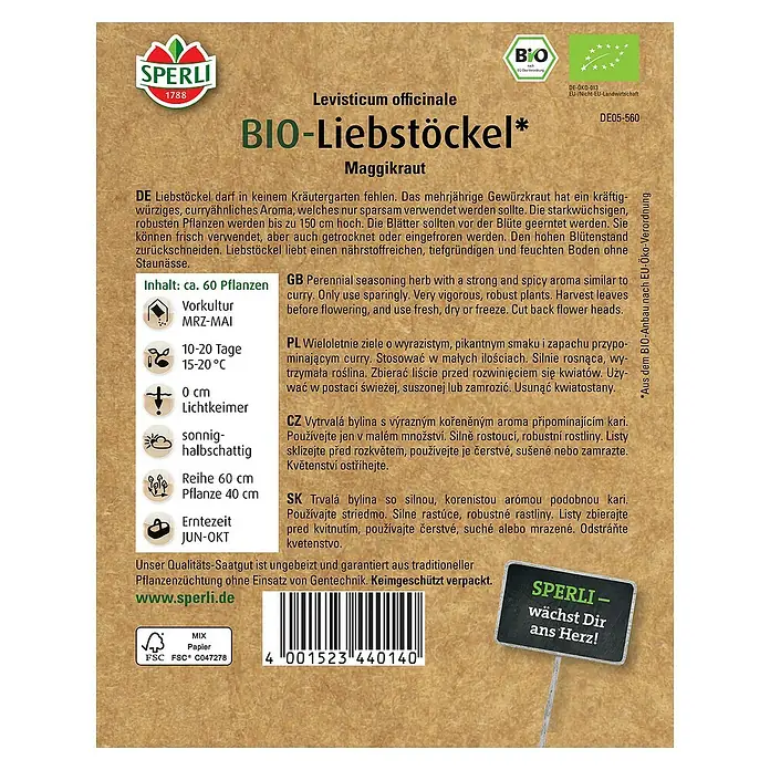 Sperli Kräutersamen BIO Liebstöckel - Levisticum officinale, Erntezeit: Juni - Samenpackung Bio-Liebstöckel: Mehrjähriges Küchenkraut mit würzigem Curryaroma. Für Garten und Küche.