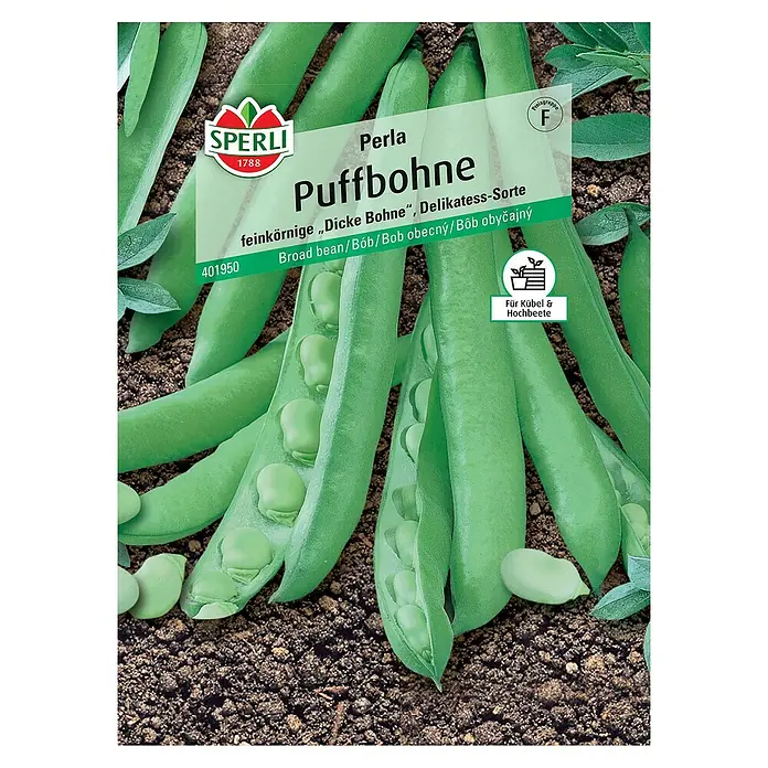 Sperli Gemüsesamen Puffbohne Perla - Vicia faba, Erntezeit: Juni - Das Bild zeigt die Samenpackung der Puffbohne Perla von Sperli, einer feinkörnigen Delikatess-Sorte, ideal für Kübel und Hochbeete.