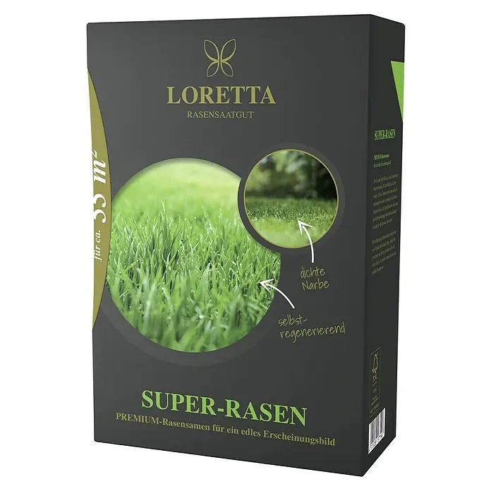 Loretta Rasensamen Super-Rasen1,1 kg, 55 m² - Produktverpackung von Loretta Super-Rasen, Premium-Rasensamen für ein edles Erscheinungsbild, geeignet für ca. 35 m² Fläche.