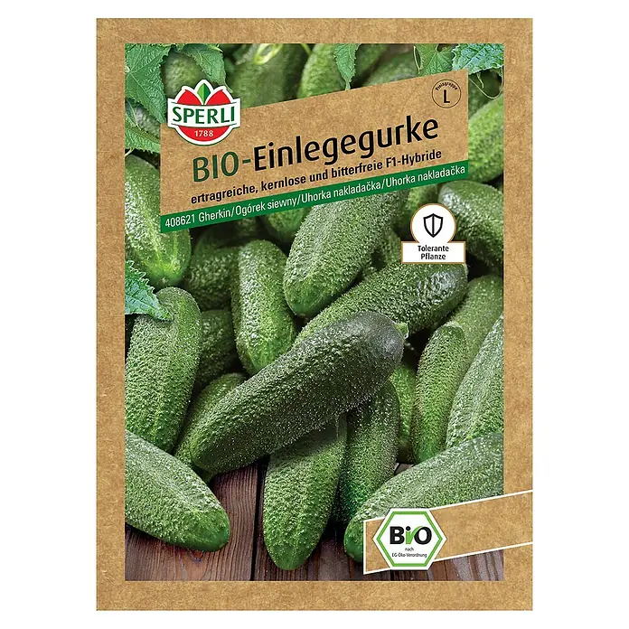Sperli Gemüsesamen BIO Einlegegurke - Cucumis sativus, Erntezeit: Juli - Samenpackung für Bio-Einlegegurken der Marke Sperli. Die Gurken sind ertragreich, kernlos und bitterfrei.