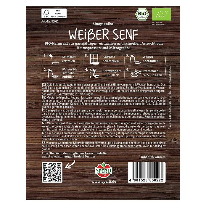 Sperli Saatgut Microgreen Saat - Sinapis alba - White mustard seeds from Sperli for sprouting and microgreens. Organic seeds for easy growing indoors.