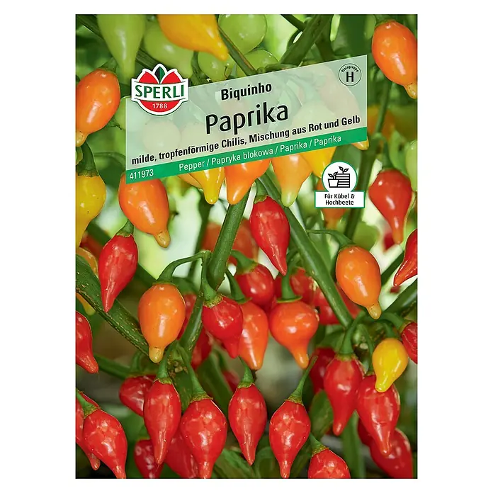 Sperli Gemüsesamen Paprika - Biquhino, Capsicum chinense, Erntezeit: August - Samenpackung Biquinho Paprika, eine Mischung aus roten und gelben, milden, tropfenförmigen Chilis für Kübel und Hochbeete.