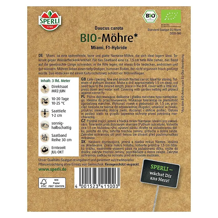 Sperli Gemüsesamen BIO Möhre - Daucus carota - SPERLI Bio-Möhre "Miami F1-Hybride": Spätreife, feine Karotte, ideal zum Lagern, resistent gegen Wasserfleckenkrankheit. Saatband für einfache Aussaat.