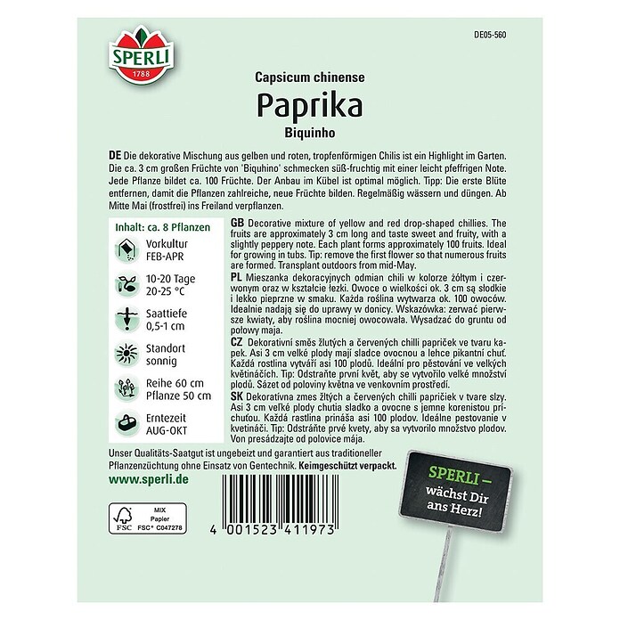 Sperli Gemüsesamen Paprika (Biquhino, Capsicum chinense, Erntezeit: August) | BAUHAUS