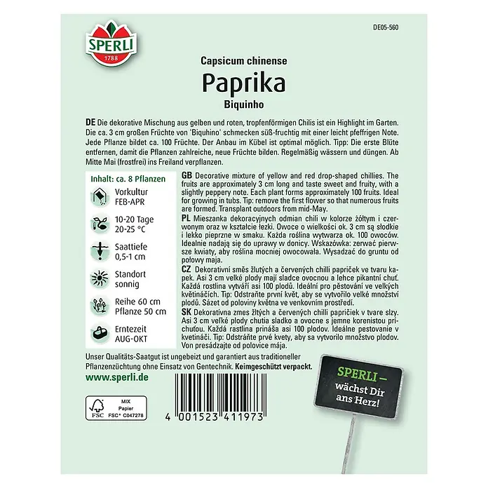 Sperli Gemüsesamen Paprika - Biquhino, Capsicum chinense, Erntezeit: August - Samenpackung für Capsicum chinense Paprika Biquinho, eine dekorative Mischung aus gelben und roten, tropfenförmigen Chilis.