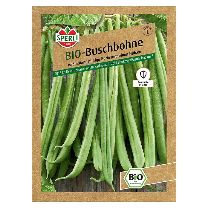 Sperli Gemüsesamen BIO Buschbohne - Phaseolus vulgaris var. nanus, Erntezeit: Juli - Bild einer Samenpackung BIO-Buschbohnen, widerstandsfähige Sorte für den Garten.