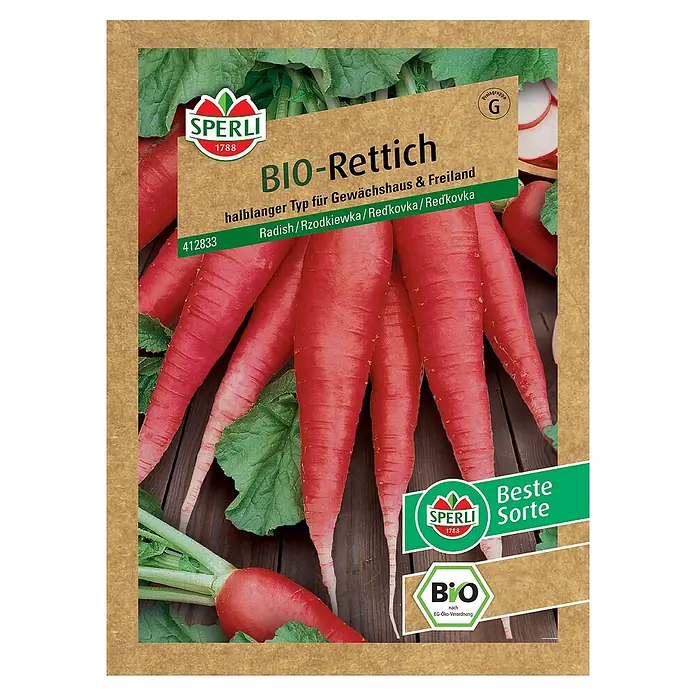Sperli Gemüsesamen BIO Rettich - Raphanus sativus, Erntezeit: Mai - Bio-Rettich Samenpackung der Marke Sperli. Das Bild zeigt längliche, rote Rettiche und grüne Blätter auf einer Samenpackung.